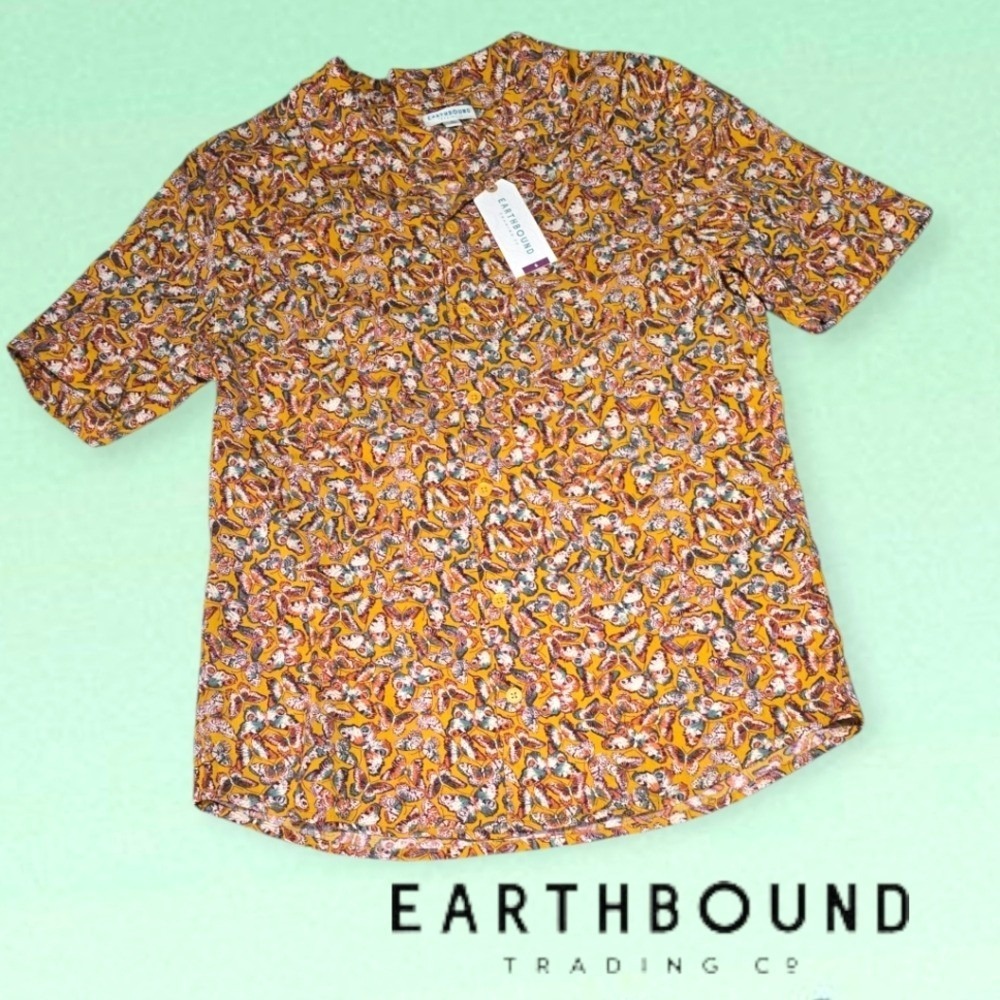 Earthbound Unisex Butterfly Print Camp‎ Button Up Shirt Golden Yellow S NEW